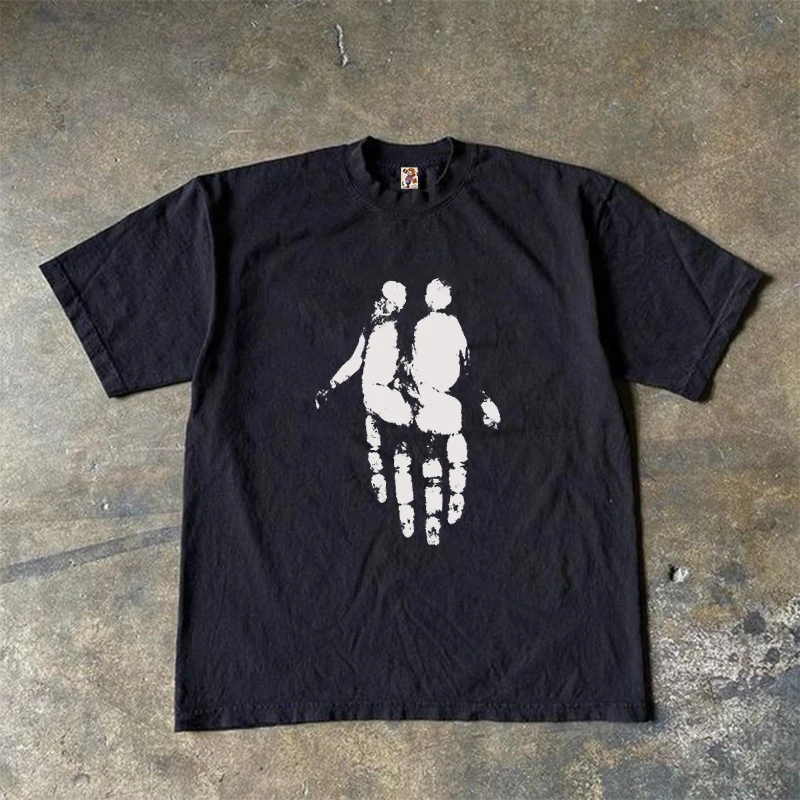 Dark Style Wearing Couple Short Sleeve T-shirts Vintage High Street Youth Fashion Loose Fit round Neck Shoulder Pad Design