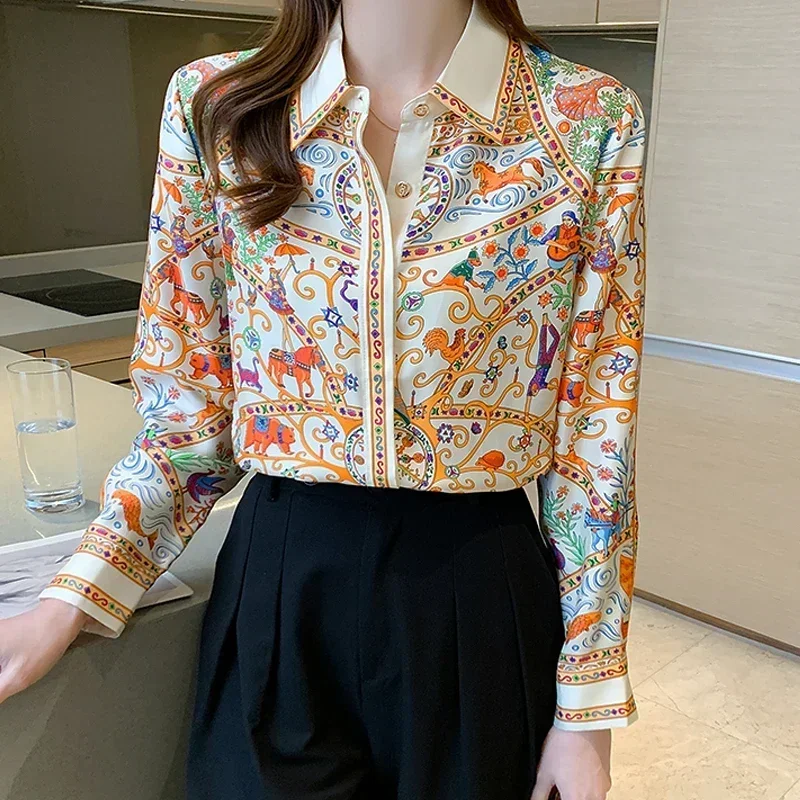 3XL Luxury Print Women Shirt Vintage Button Up Long Sleeve Blouses Office Turn Down Collar Satin Tops Блузки Рубашки