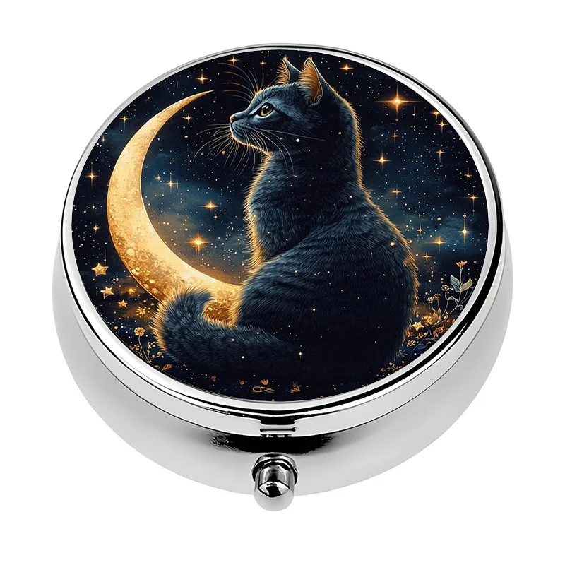 1 portable travel pill box with 3 compartments, featuring a dreamy cat, moon, and star pattern, mini decorative pill box, unique travel gift, suitable for travel and storing vitamins