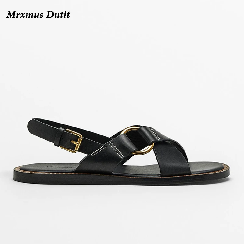 Mrxmus 2023 New Spring Summer Fashion Leather Cross Belt Design Open Toe Roman Sandals Women Simple Casual Flat Shoes Female