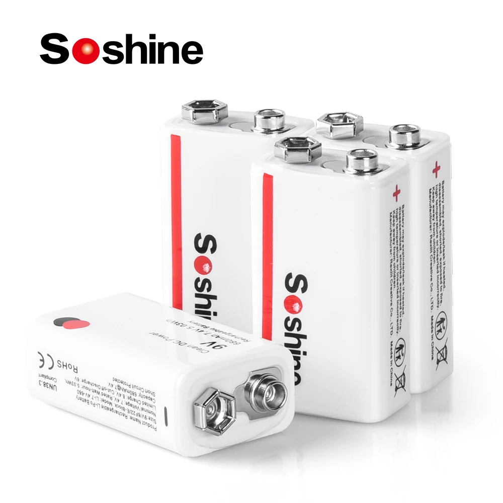 Soshine 4PC 6F22 9V 680mAh Lithium Rechargeable Battery 6F22 9 Volt Li-Po Batteries for Radio Electronic Thermometer Smoke Alarm