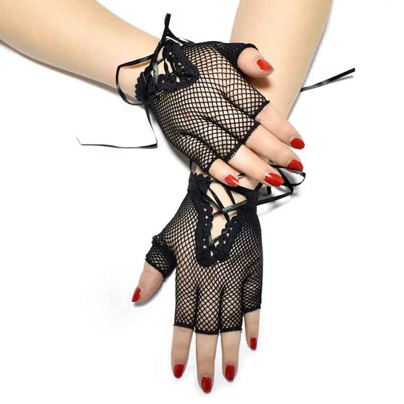 Fishnet Mesh Gloves Lace Wrist Band Mittens Goth Punk Rock Lolita Gloves Black Short Glove Half Finger Gloves Bride Party Gifts