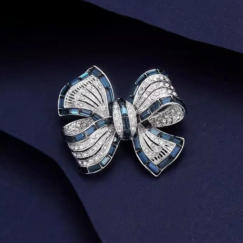 Trendy Crystal Vintage Blue Bowknot Brooches for Women Luxury Design Elegant Casual Office Brooch Pins For Girls