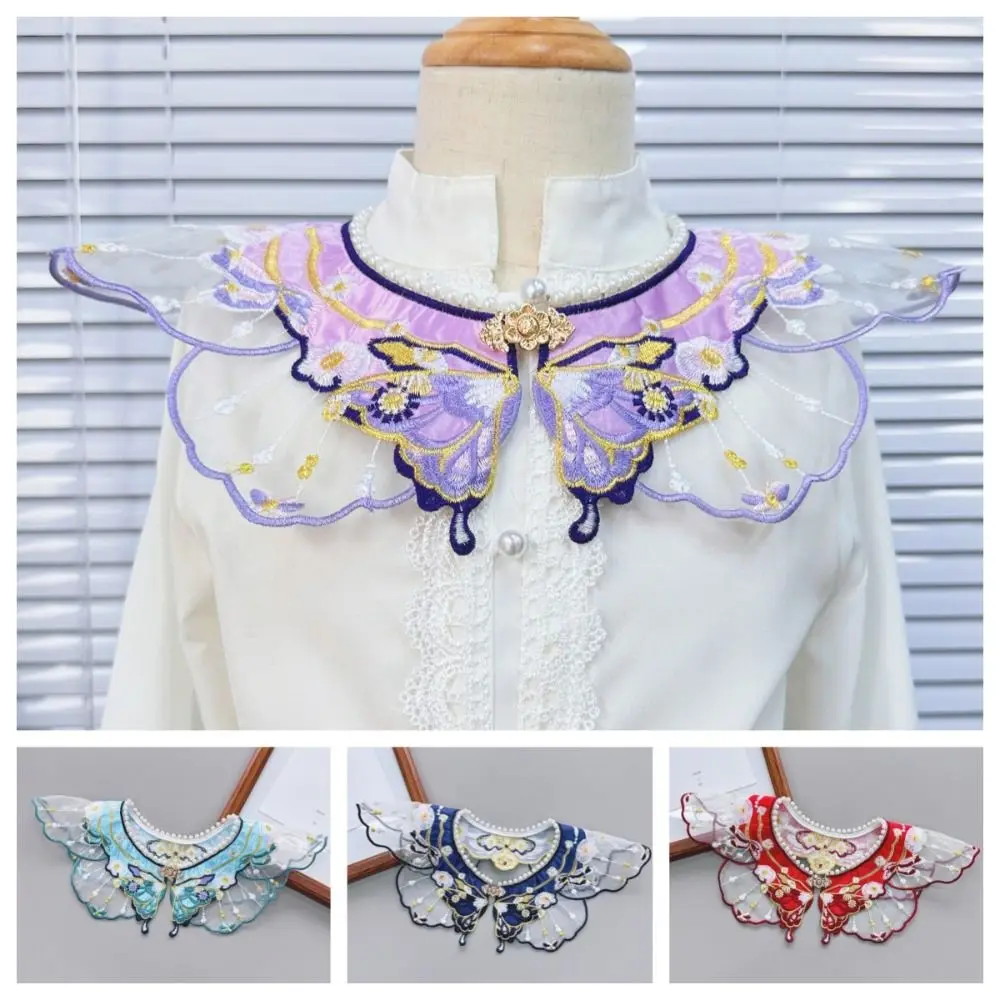 Embroidery Decoration Hanfu Shawl Pearl Traditional False Floral Yunjian Butterfly Round Neck Kids Shirt False Collar