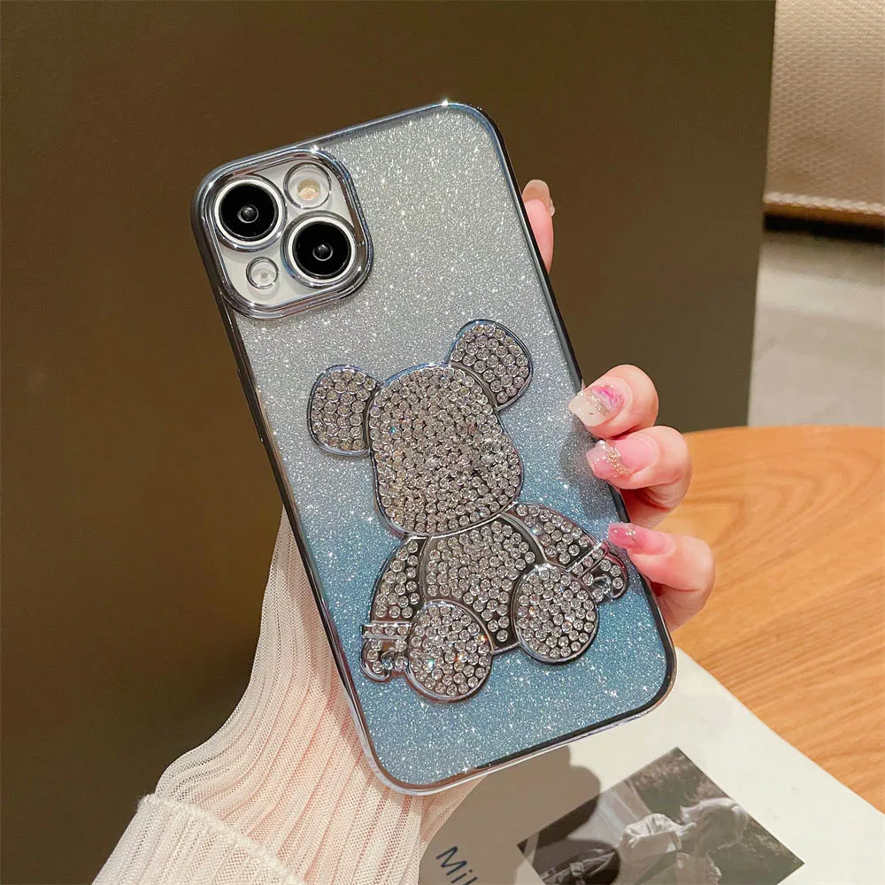 Fashion Crystal Bear Clear Phone Case for iPhone 15 14 13 12 11 Pro Max 14 Plus Plating Frame Gradient Glitter Shockproof Cover