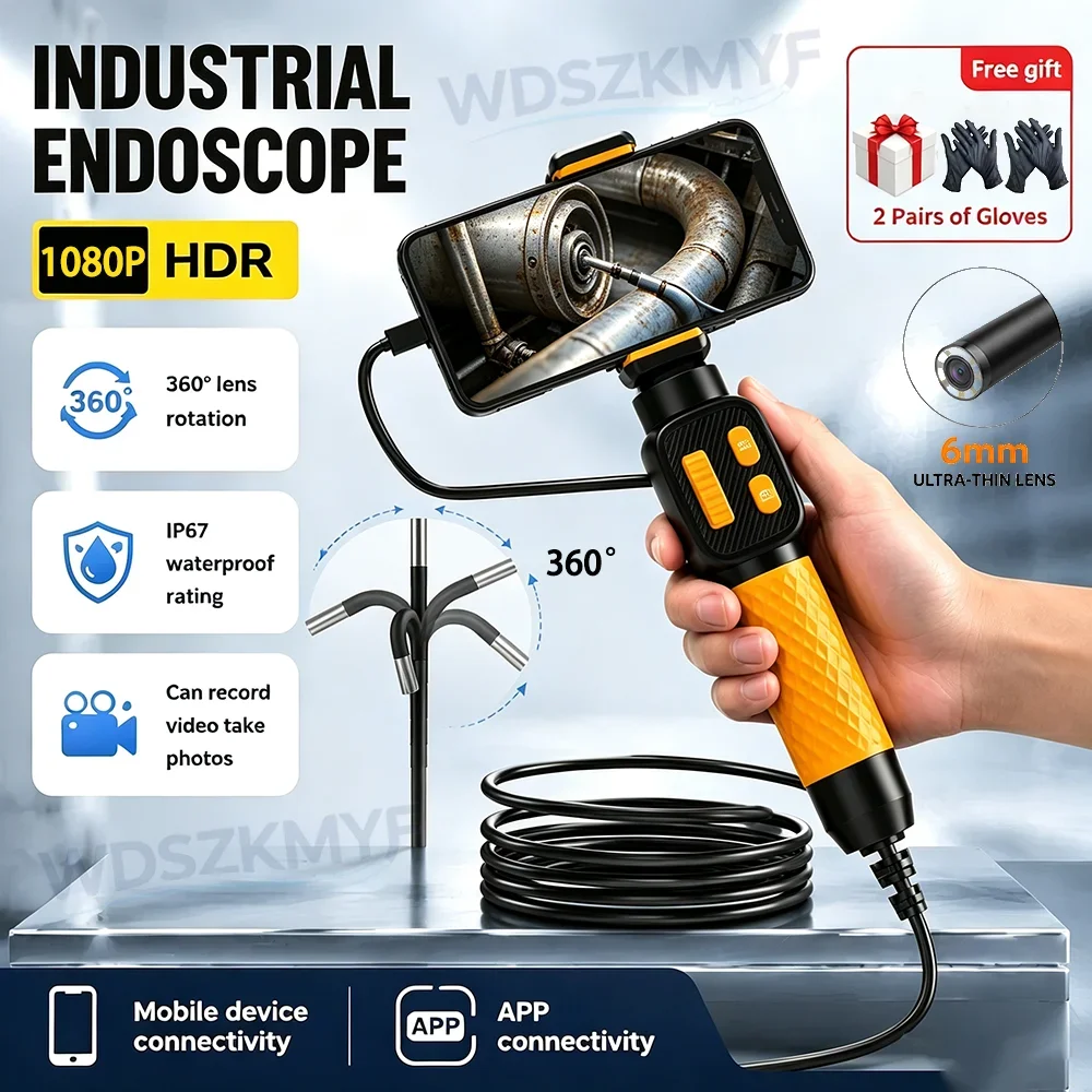 1080P 360° Two-Way Articulating Endoscope Borescope 180 Degree Rotation Waterproof Probe Built-in LED Light Inspection Camera