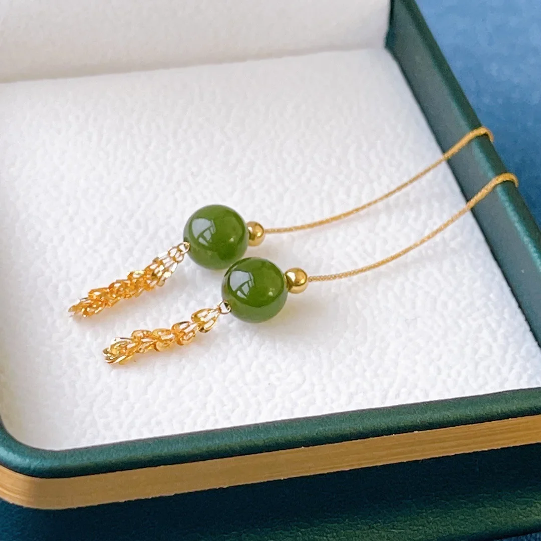 Real 18K Gold Phoenix Tail Jasper Earline Au750 Temperament Tassel Earrings Boutique Jewelry Gift E1021