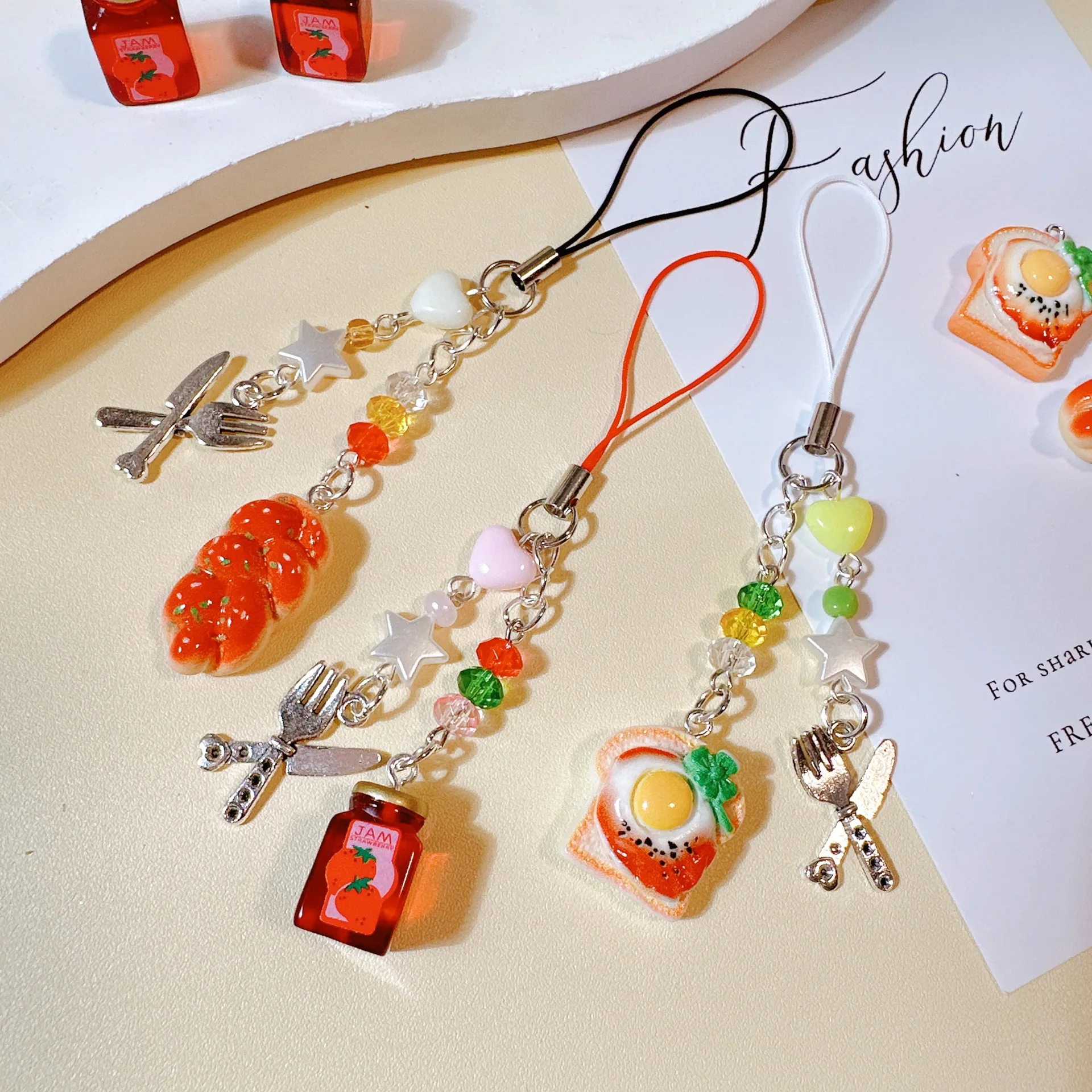 Funny 3D Simulation Food Mobile Phone Charms Cute Toast Bread Jam Beaded Tassel Keychains Lanyard Pendant Cutlery Star Strap