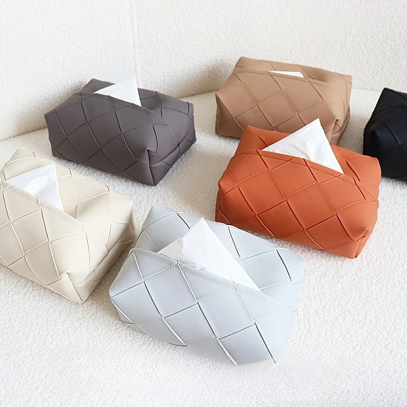 Light Luxury Woven Pattern Storage Box Rhombus Living Room Car Paper Box Napkin Paper Desktop Leather Tissue Holder Organizer