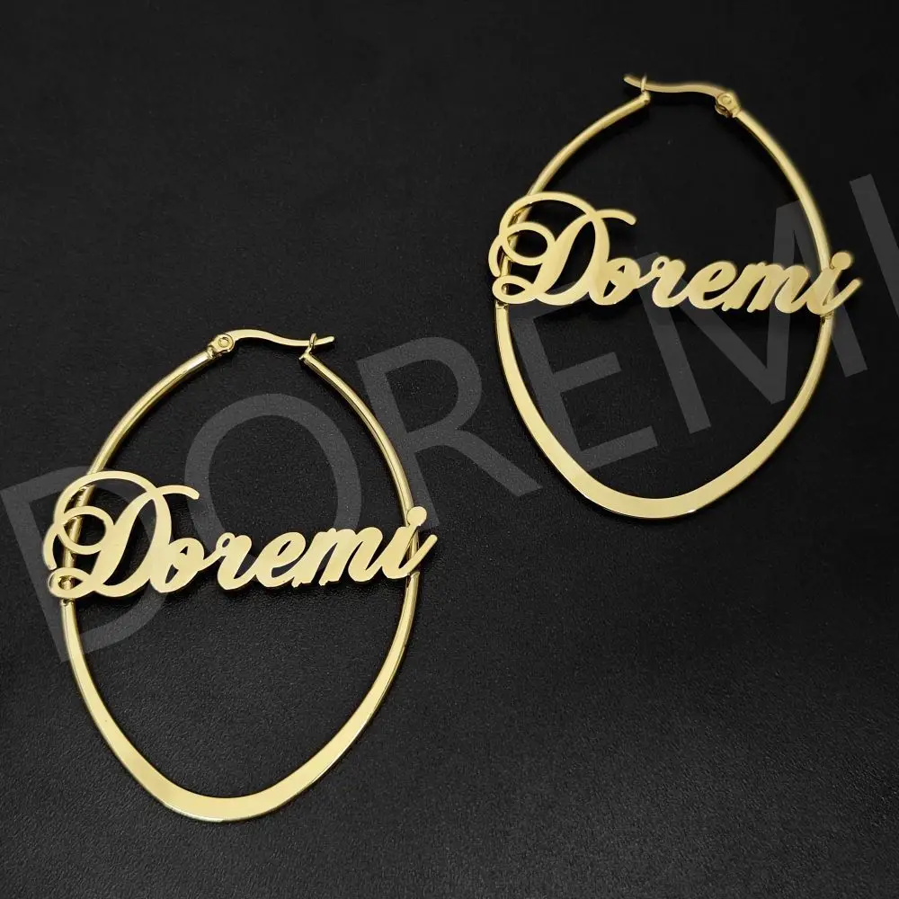 DOREMI Stainless Steel Round Earrings Oval Name Custom Gold Plated Waterproof Jewelry Personalized Oval Earring Hoop