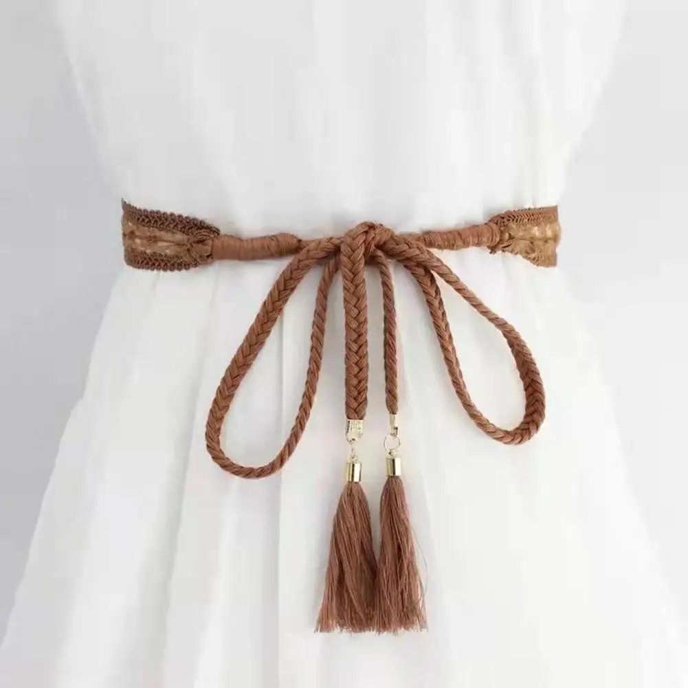 Lace Cotton Waist Cord Stylish Women's Braided Lace Dress Belt with Tassel End Solid Color Waistband for Costume for Elegant