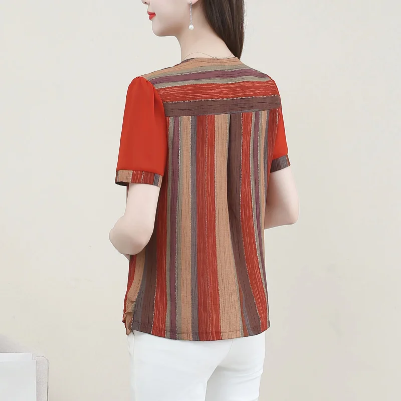 Doll Neck New Middle-aged Women Summer Short Sleeve T-shirt Embroiled Striped Fashion Vintage Casual Temperament Thin Tops 5XL