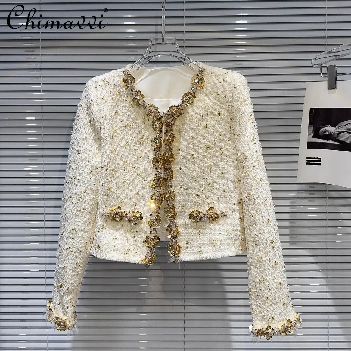 

2024 Autumn Clothes New Gold Shiny Floral Beaded Tweed Jacket Fashion Long Sleeve Loose Temperament Light Luxury Short Coat Top