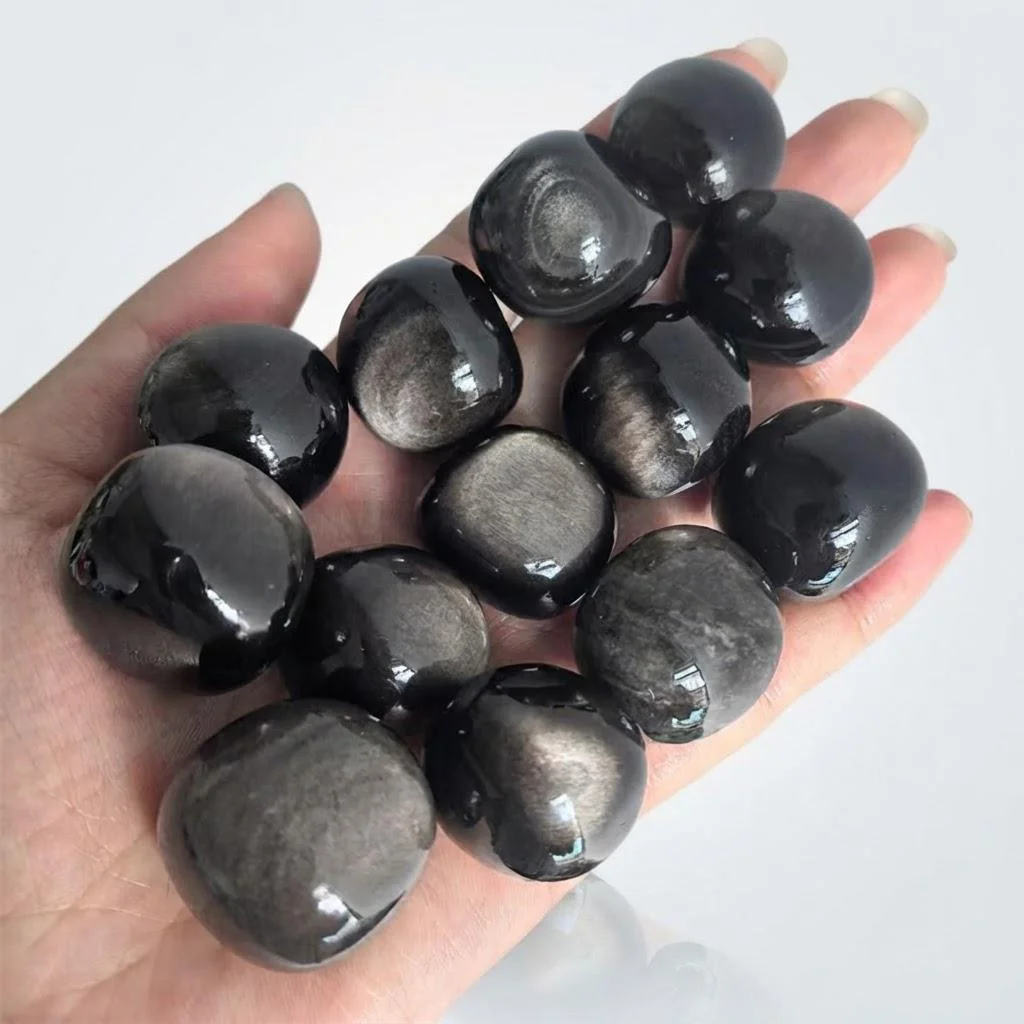 High Quality 20-30mm Loose Gemstones Tumbled Gemstones Natur Strong Flash Silver Sheen Obsidian Tumbled Stones