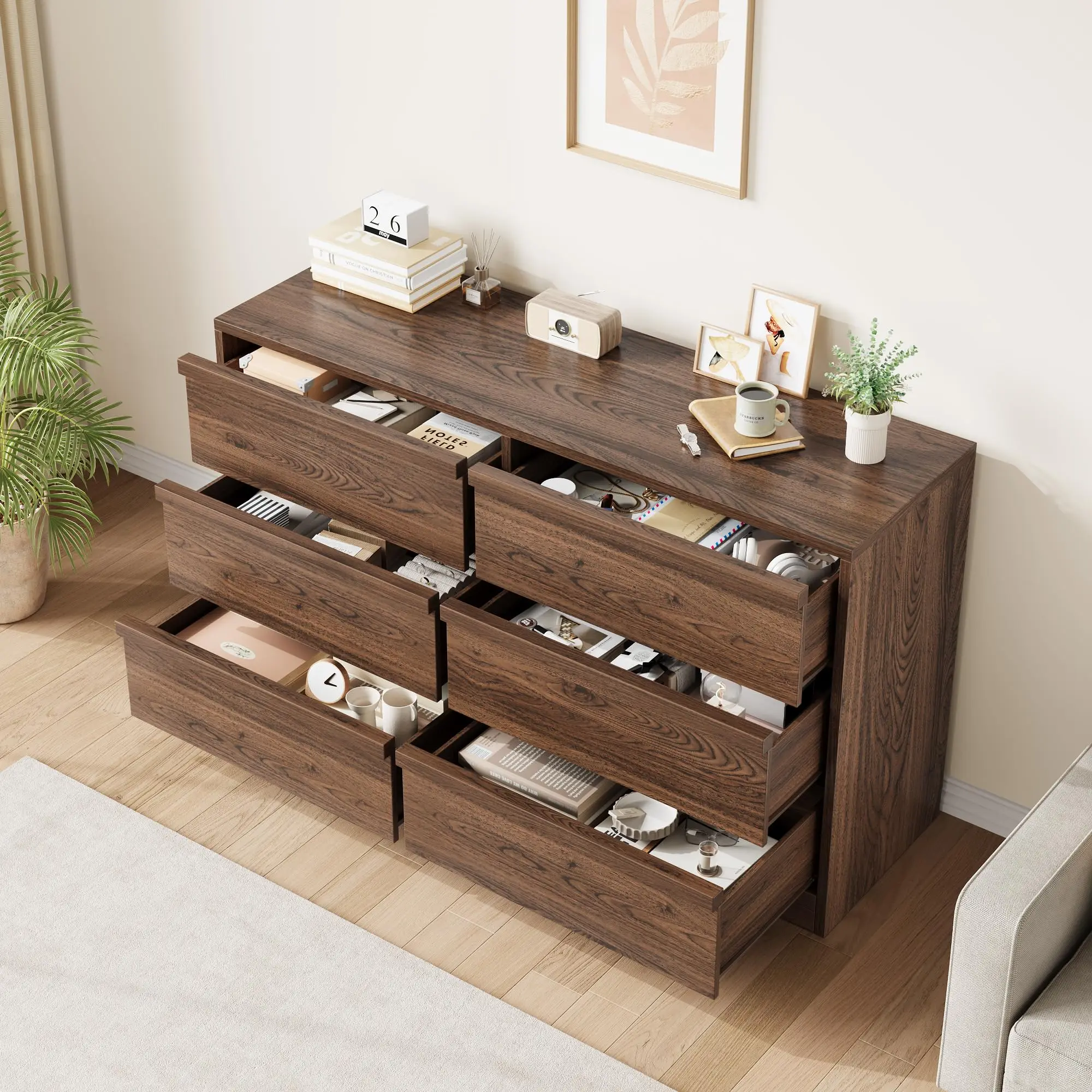 6 Drawer Dresser for Bedroom Wooden Chest of Drawers with Large Storage 47" Freestanding Horizontal Double Dresser Cabinet for Nursery/Entryway/Living Room - Antique White/Natural Oak image 6