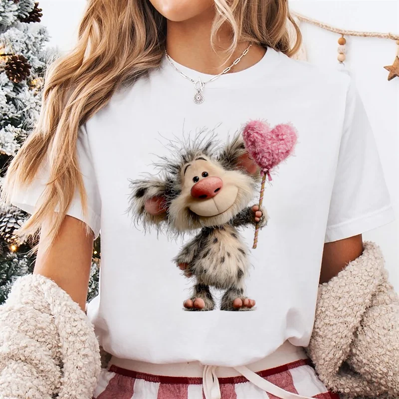 

Футболка с принтом мультфильма и милым узором, забавная одежда, милый стиль ко Дню святого Валентина, женская популярная повседневная футболка с короткими рукавами и круглым вырезом