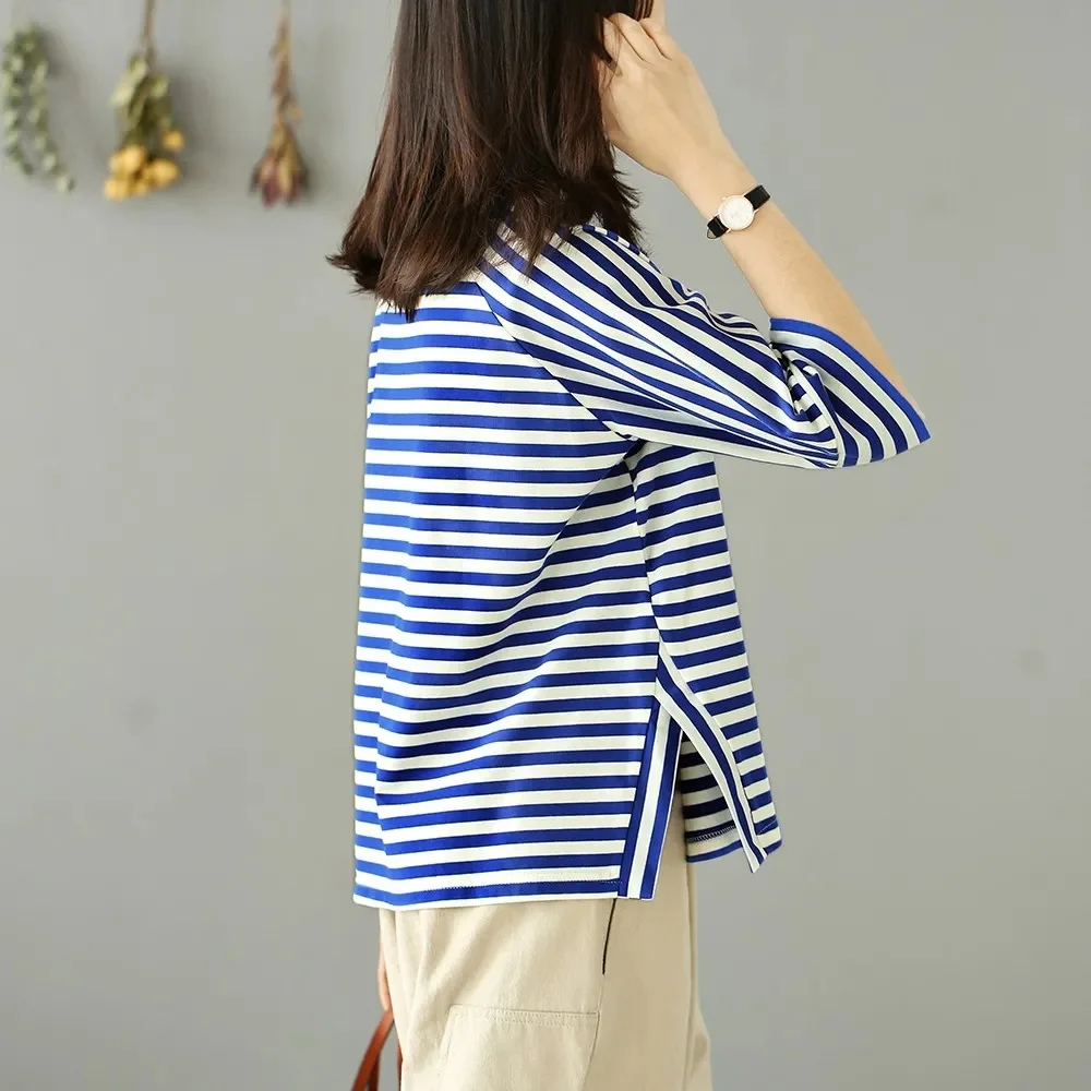 

Модная женская футболка в полоску, новинка 2026, лето-осень, тонкие хлопковые топы, корейские свободные женские рубашки с длинными рукавами, толстовка с капюшоном