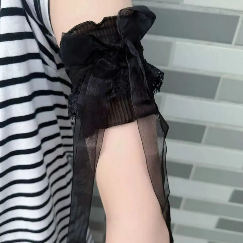 Fashion Lace Lolita Arm Sleeve Elastic Bow Knot Ruffled Fake Sleeves Cuffs Detachable Versatile Ribbon Arm Cuffs Daily Accessory