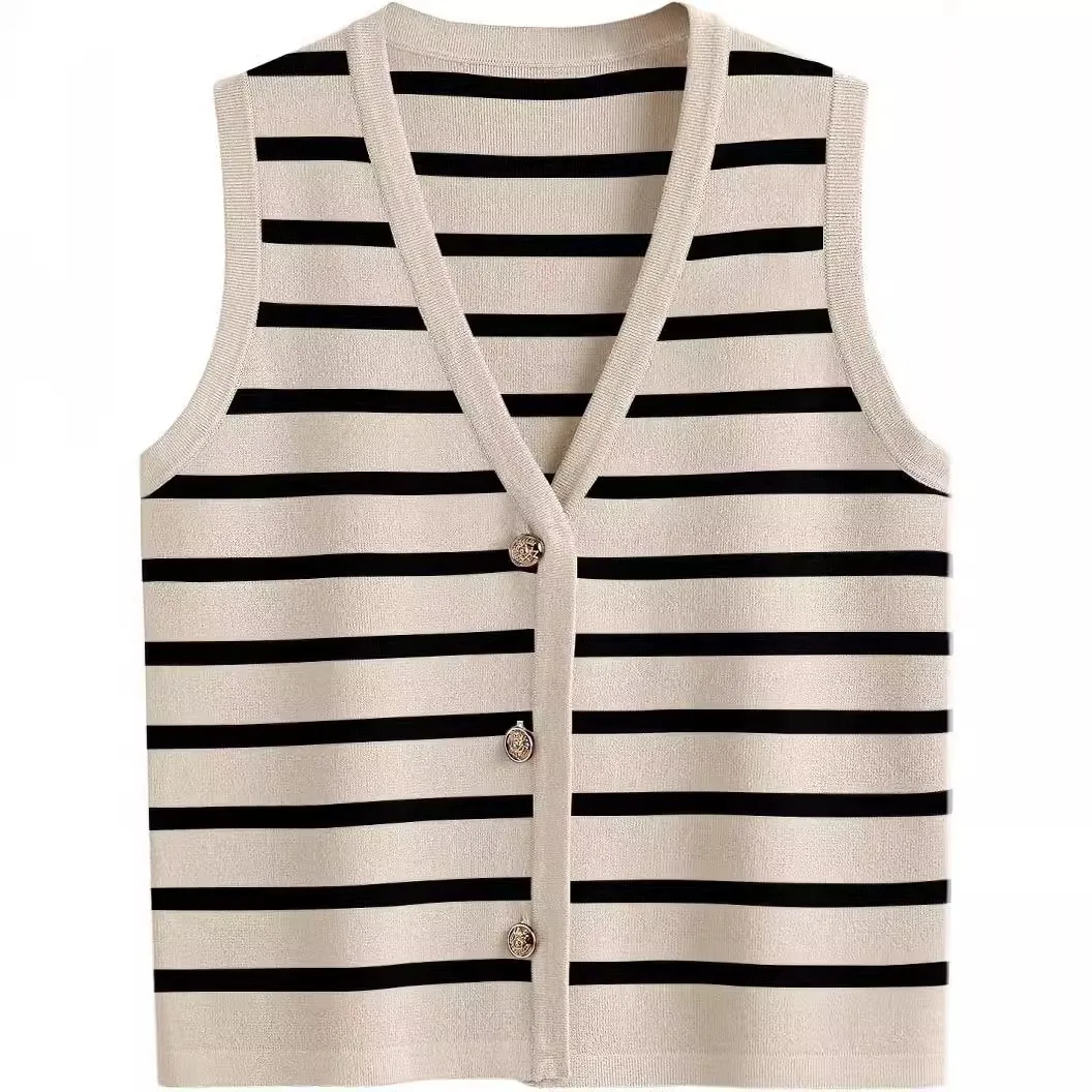 

Stripe Knitted Vest Coat Women Fashion Vintage Casual V-neck Single Breasted Knitting Cardigan Vests Female Spring Autumn New