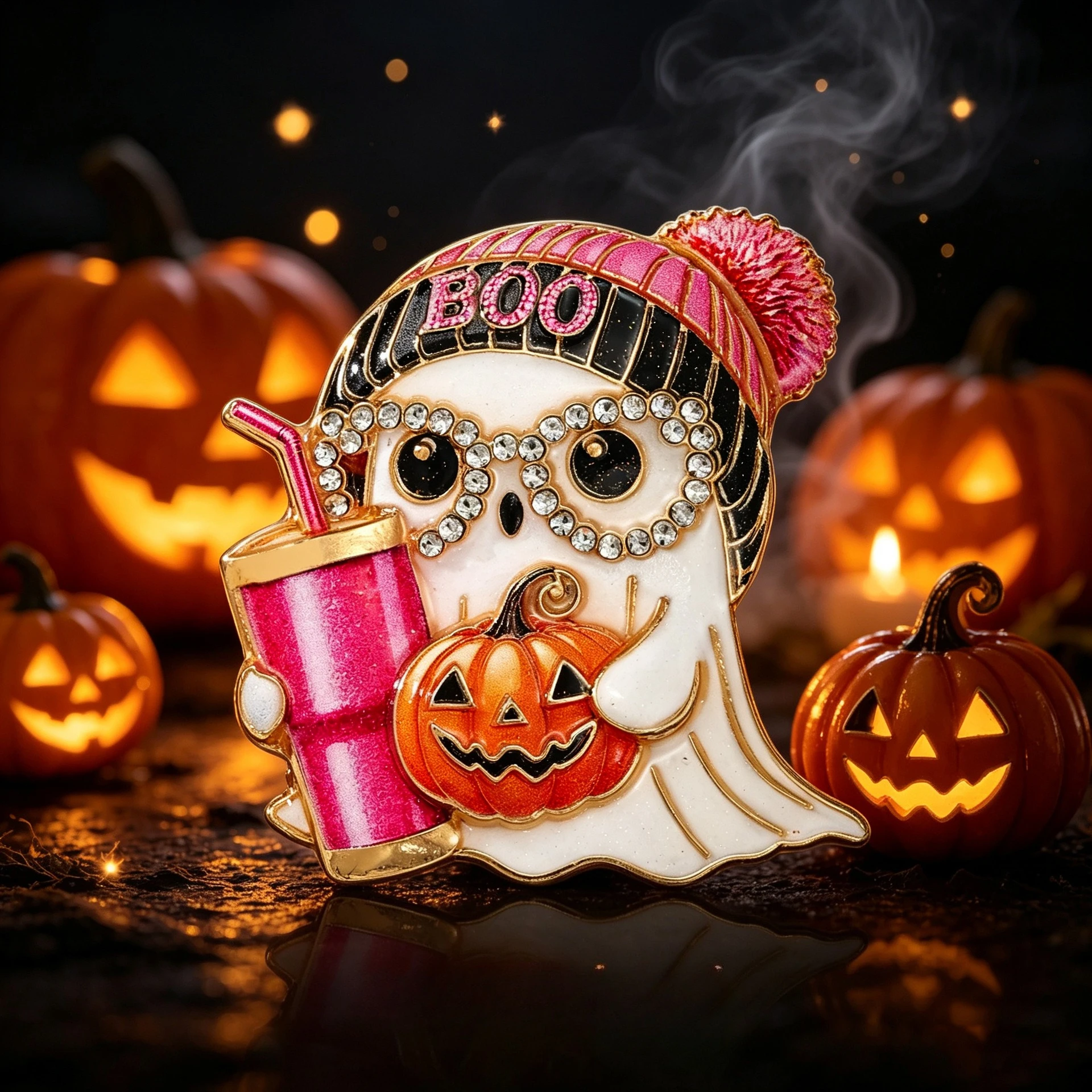 Spooky Halloween Keychain Sparkly Crystal Ghost Pendant Boo Pink Knit Hat Pumpkin Drink Design Backpack Charm Party Gift