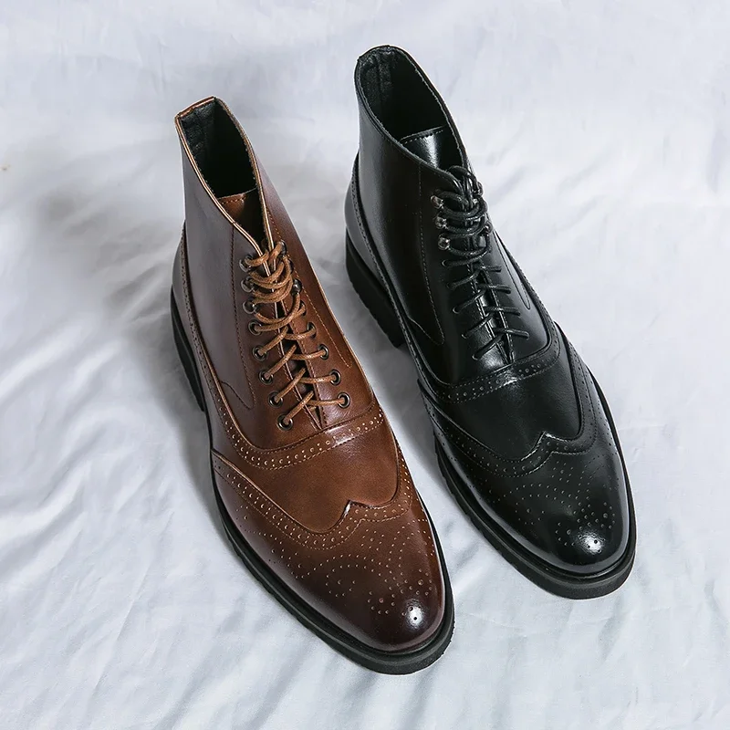 Brown Brogue Men Short Boots Lace-up Ankle Handmade Square Toe Motorcycle Boots with Men Boots Zapatos Hombre