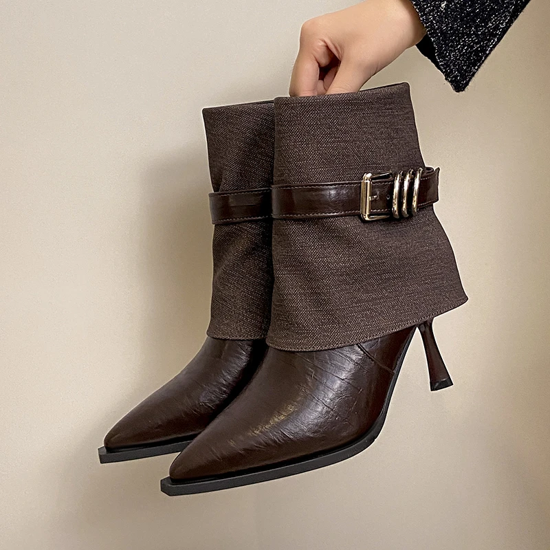 Pointed Toe Stiletto Heel Pile Booties Women's New Belt Buckle Side Zipper Retro Skinny Heels