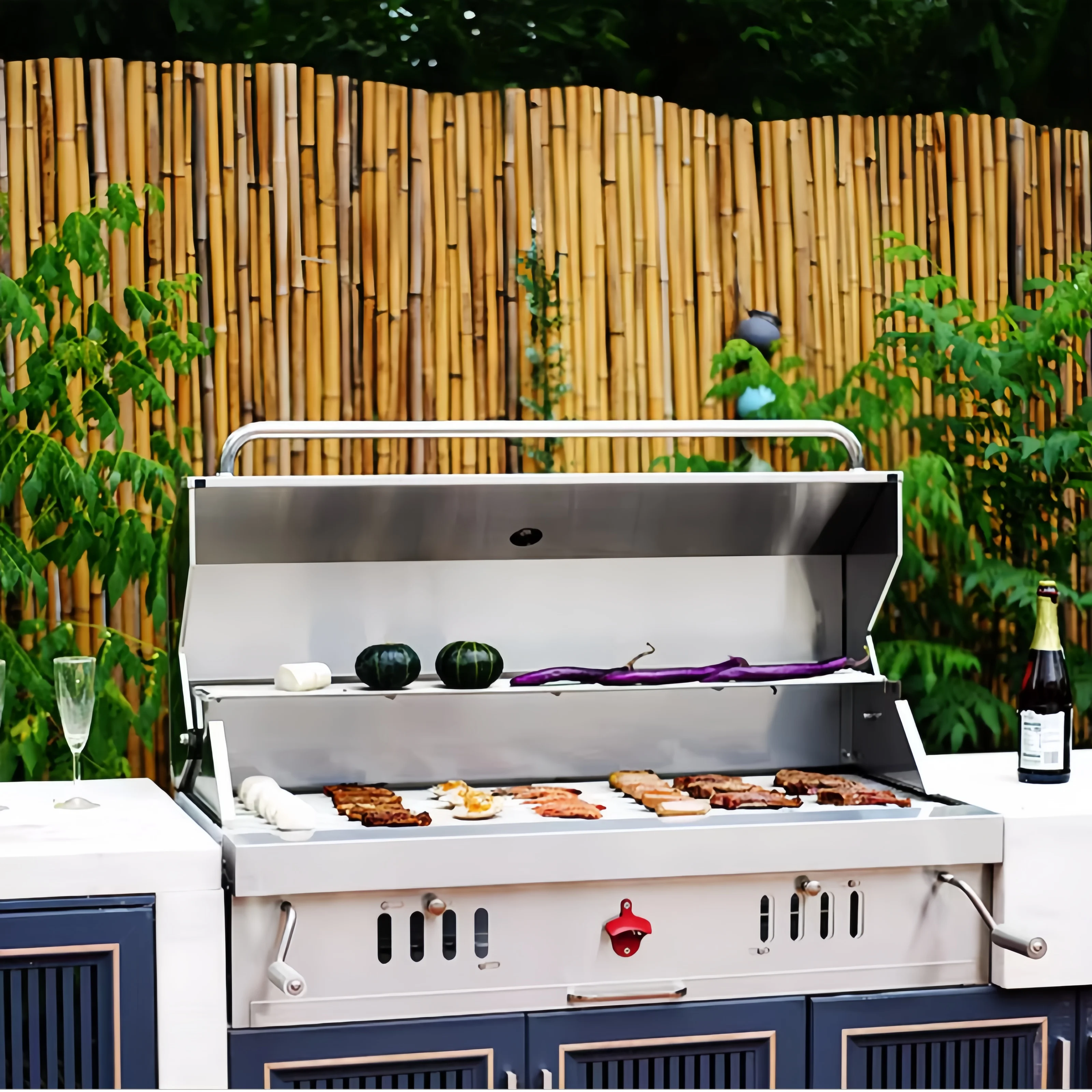 304 Stainless Steel Barbecue Grill Burner Large Multifunction Built in Charcoal Double Use BBQ Grill with Rotisserie