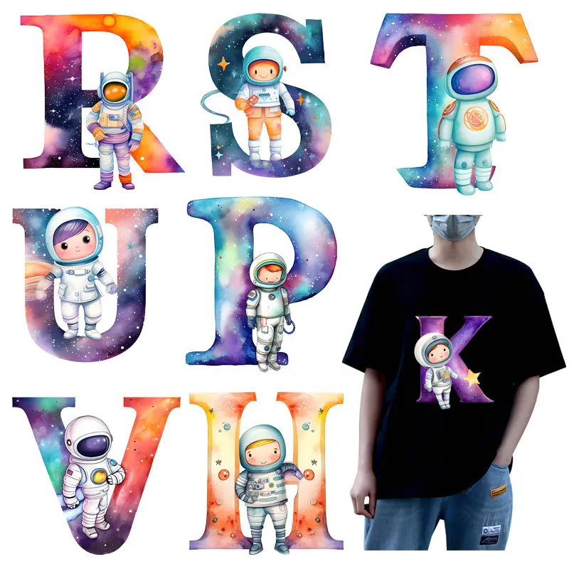 Cartoon Astronaut A-Z alphabet visual design iron on transfer for clothing dtf transfers ready to press Heat Transfer Printing