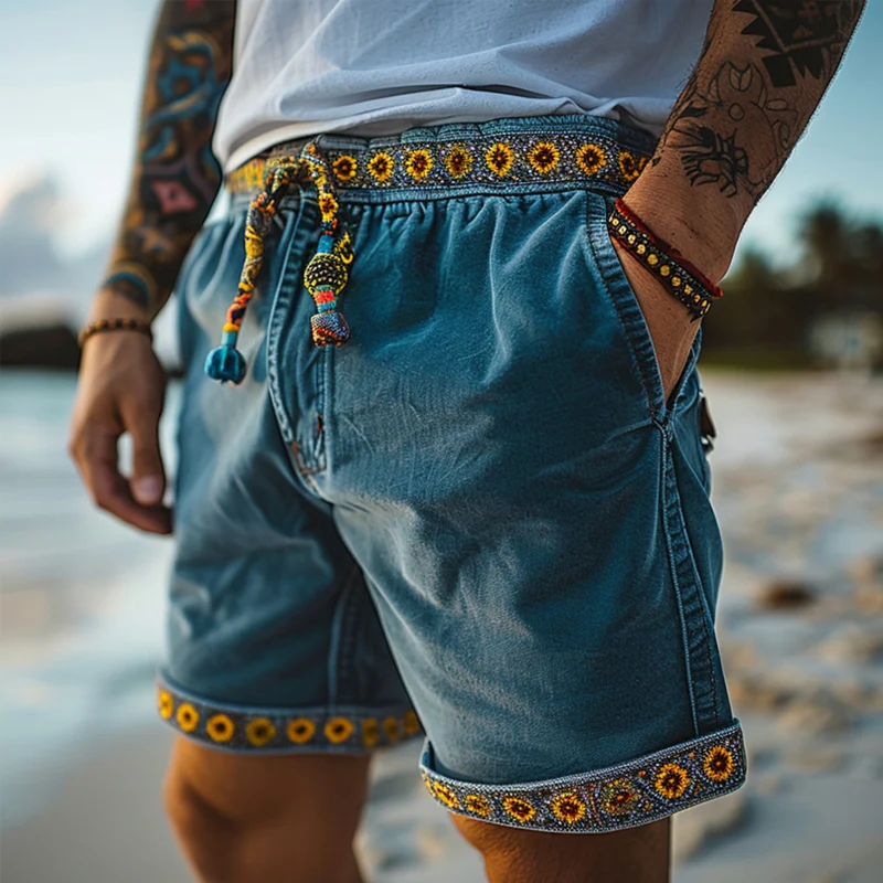 Vintage Drawstring Patchwork Shorts Men Spring Summer Beach Casual Loose Shorts Mens Daily Leisure Solid Color Straight Shorts