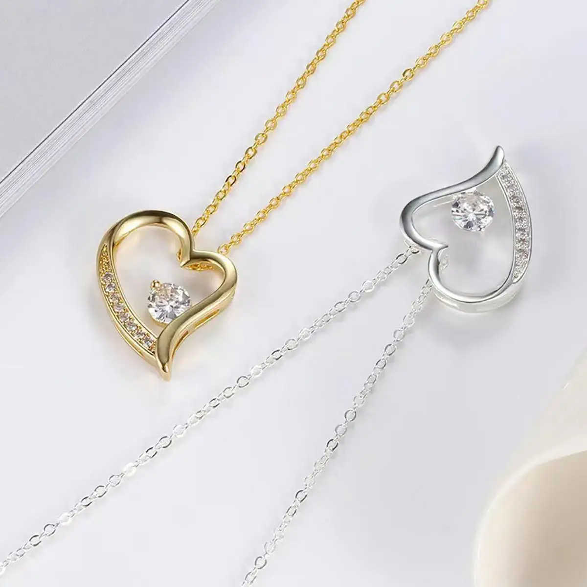 Dual Tone Hollow Heart CZ Pendant Necklace, INS Niche Delicate Women Clavicle Chain, Versatile Jewelry Gift