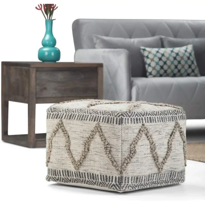 Sweeney Square Pouf, Footstool, Upholstered in Grey, Natural Handloom Woven Wool and Cotton Pattern, for the Living Room