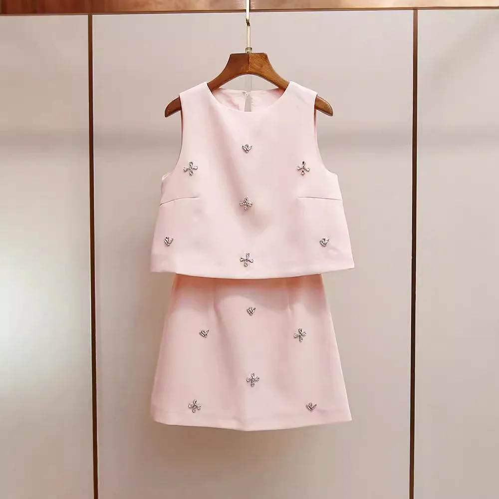 High-End-Damen-Faion-Set mit diamantbesetzter Weste und Ter-Rock, zweiteiliges Set, Ele Lady Sle Summer Collection