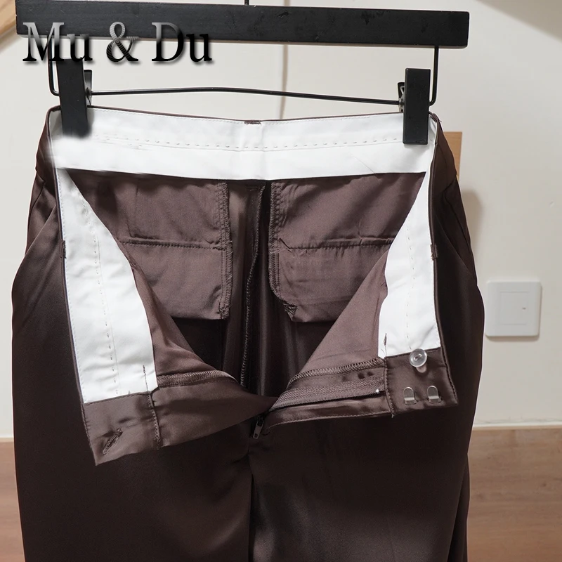 Women Brown Satin Wide Leg Flowy Pants Casual Fashion Solid Color Street Chic Silk Trousers