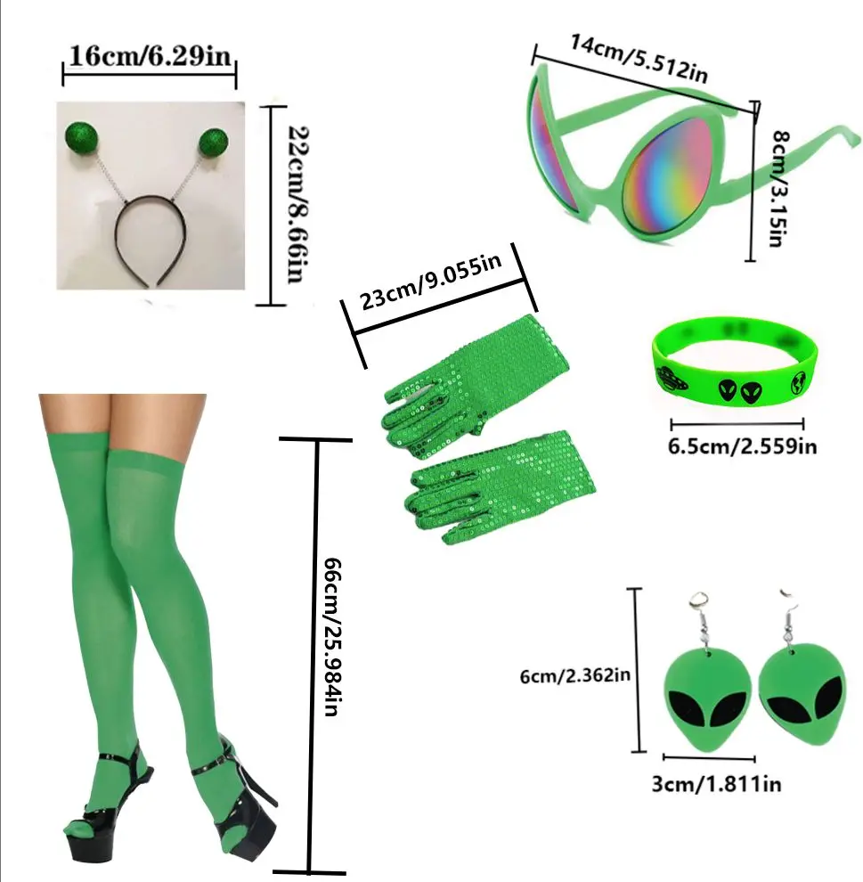 Conjunto de acessórios para fantasia de alienígena - bandana de antena, brincos, colares e luvas - adequado para festas, Halloween,