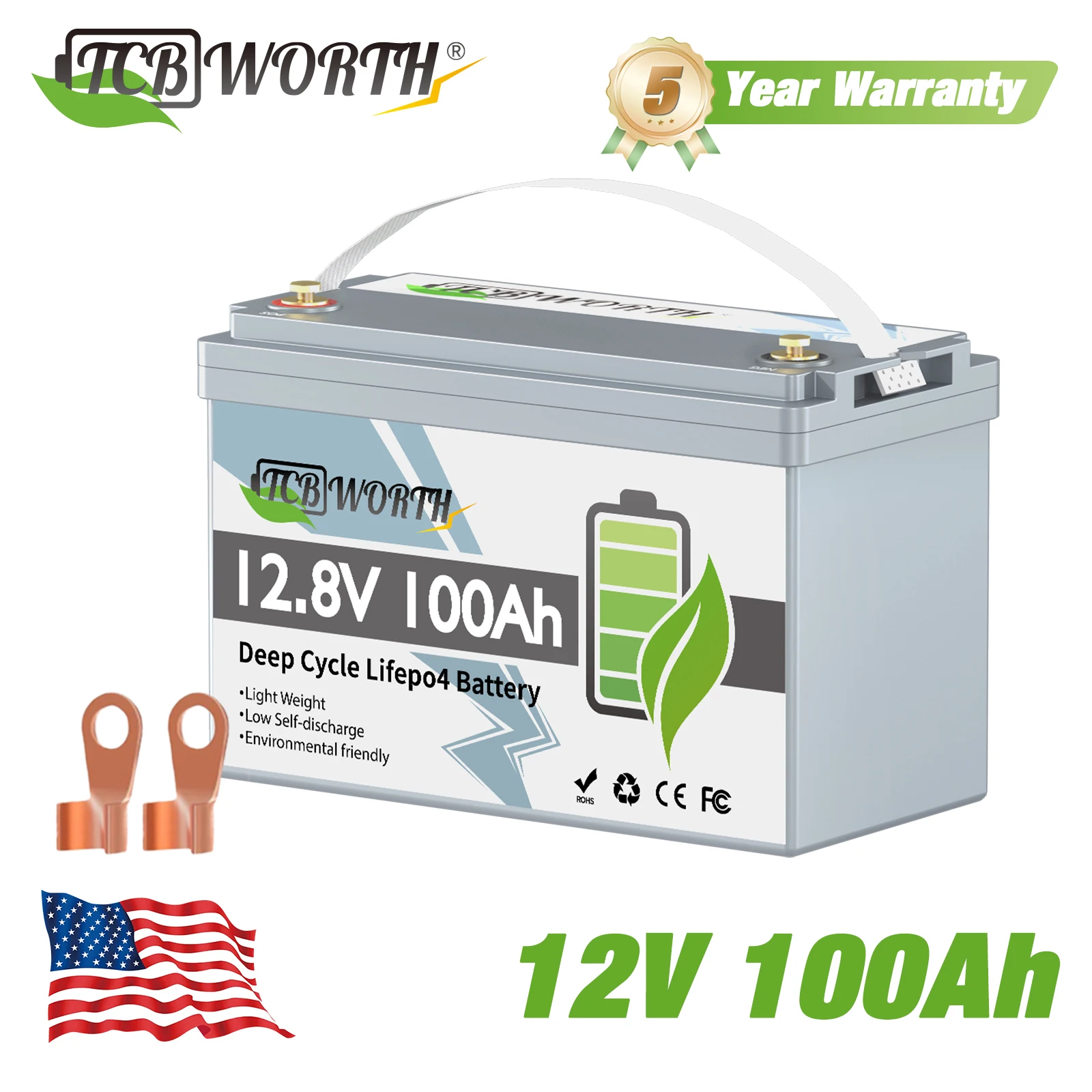 TCBWORTH 12V 100Ah LFP Battery, 6000 Cycles 10-Year Life Lithium Battery, 12V 100Ah Rechargeable Energy Storage Battery, M8 Screw Terminals, 100A BMS Overcharge Over-Discharge Protection