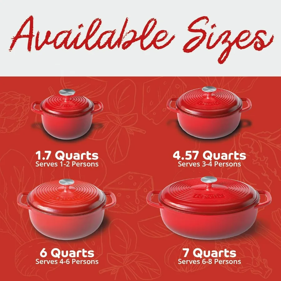 Enameled Cast Iron Dutch Oven with Handle, 6 Quarts, Rosso (Gradient Red) Cast Iron Dutch Oven with Lid | Enameled Crock Pot Dut