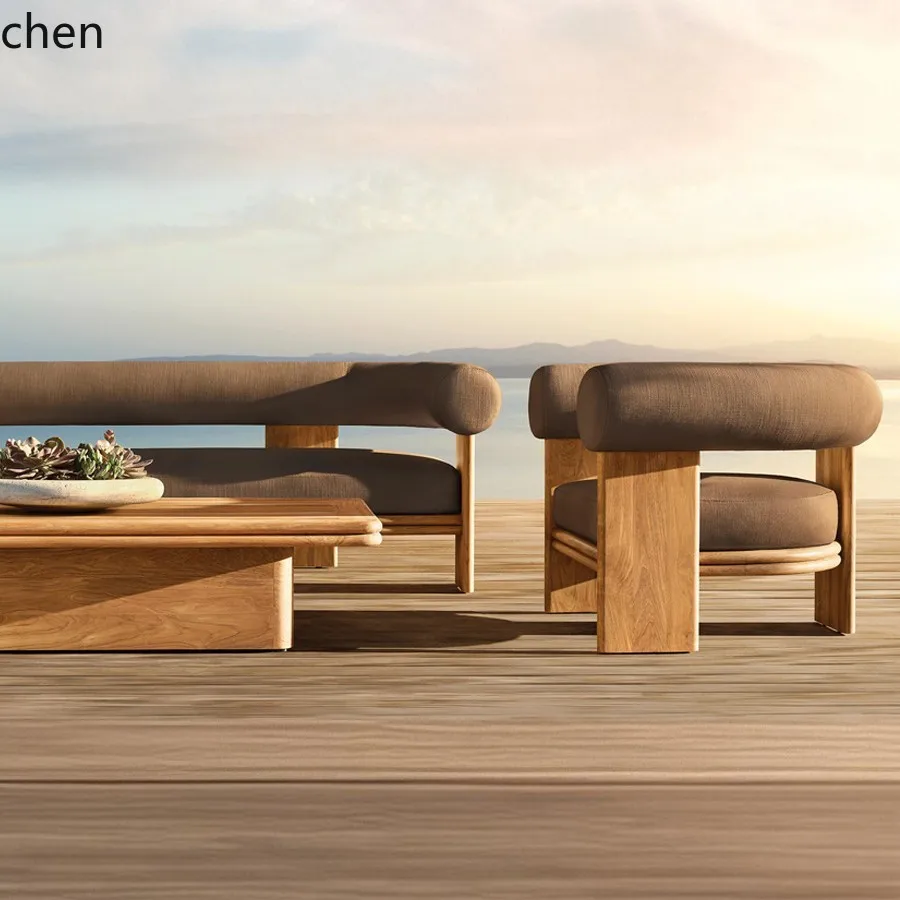 HT Courtyard Sofa Waterproof Sunproof Solid Wood Villa Garden Outdoor Homestay Home Use Teak Sofa Set