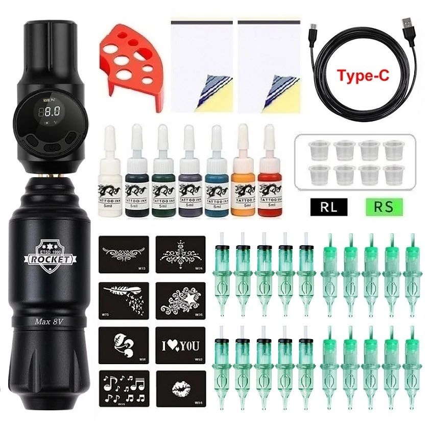 

Профессиональный комплект тату-машины Rocket Tattoo Pen, набор беспроводных татуировок с 20 шт. иглами-картриджами для татуировщика