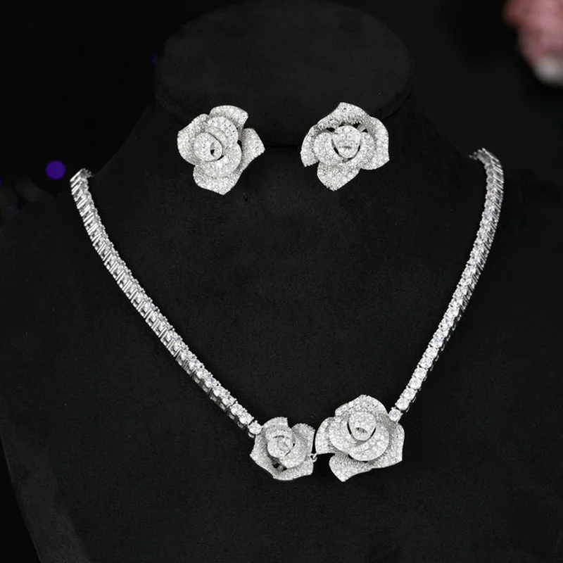

wedding bride dinner party jewelry sets flower necklace earrings silver color zirconia elegant jewelry women anniversary gift