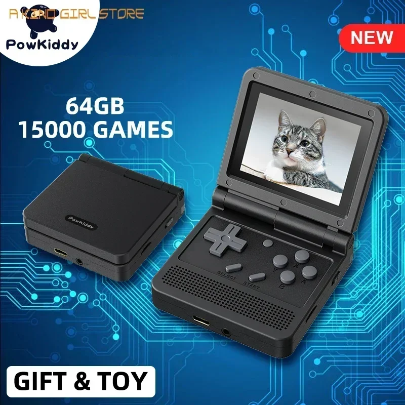 Powkiddy V90 3Inch IPS Screen Flip Handheld Console Dual Open System Game Console 16Simulator Retro Kid Gifts 3D 64G 15000+ Game