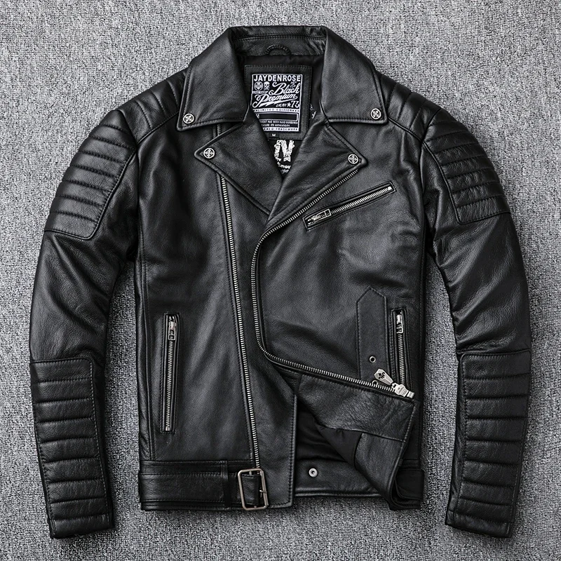 

Thick Motorcycle Style Cowhide Genuine Leather Biker Jacket Slim Clothing Plus Size Brand Leather Coat For Men