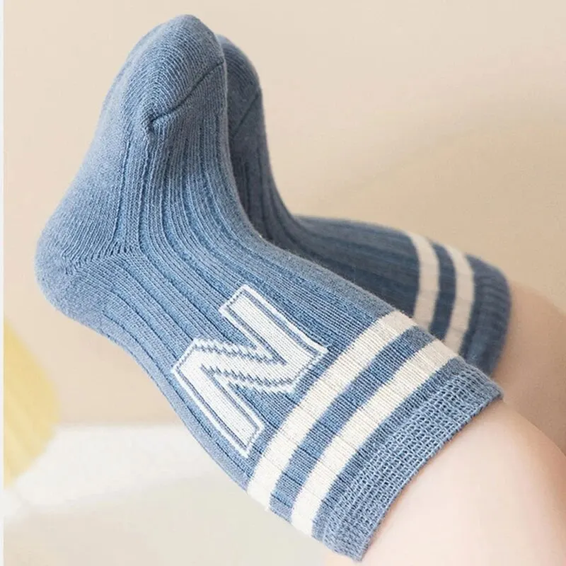 3Pairs Baby Letter Socks Tricot Soft Elementary School Student Knee High Socks Infant Toddler Kids Boy Striped Cotton Socks Pack