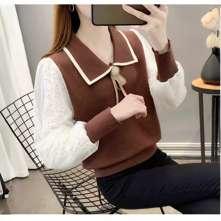 

Spring 2025 New Sle Women's Knitted Lace Long Sve T-irt Casual Splicing Chiffon Sve Base Layer Inner Wear Top