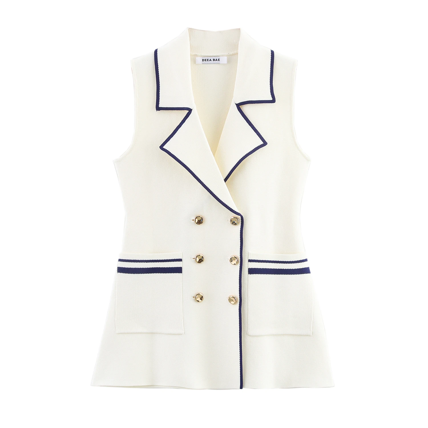 

Women's Vintage Knitted Waistcoat Autumn Sleeveless Slim Blazer Vest Buttons Pockets Contrast Stitch Office Top 4192059