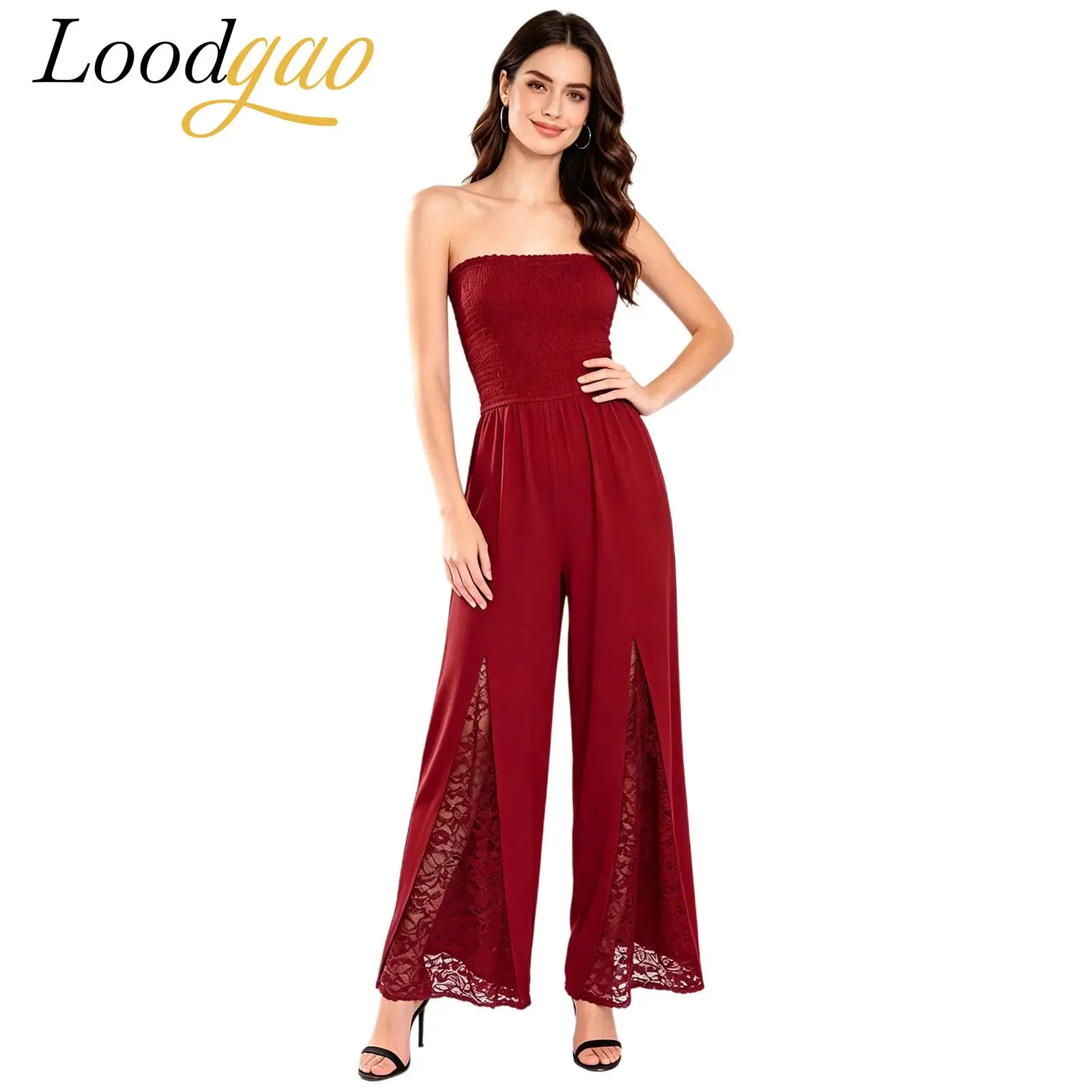 Women's Sleeveless Sheer Floral Lace One Piece Outfits Bandeau Rompers Strapless Jumpsuit Lady Evening Costume Wide-leg Bottoms