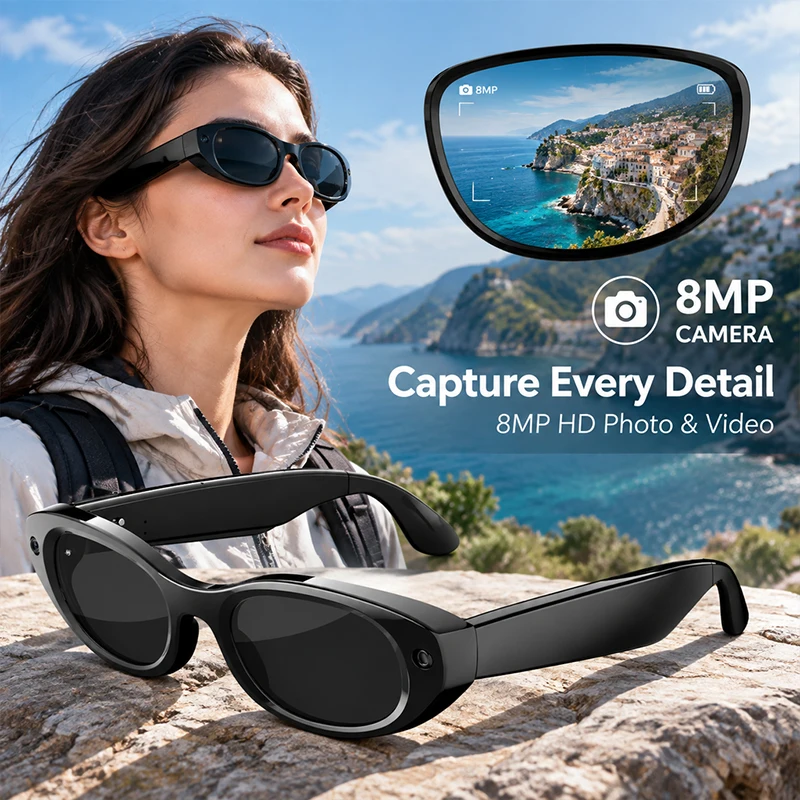 AI Translation Smart Glasses With Camera Sunglasses Women Bluetooth Play Music Charging Case Recording Voice Eyeglasses UV400