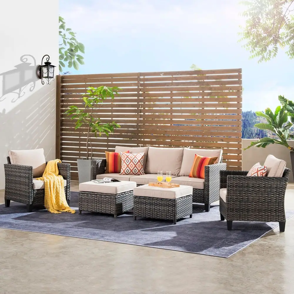 

5 Pieces Patio Furniture Set, Outdoor Wicker Sofa Couch with Chairs Comfy Cushions, All Weather Grey Rattan Conversation Set fo