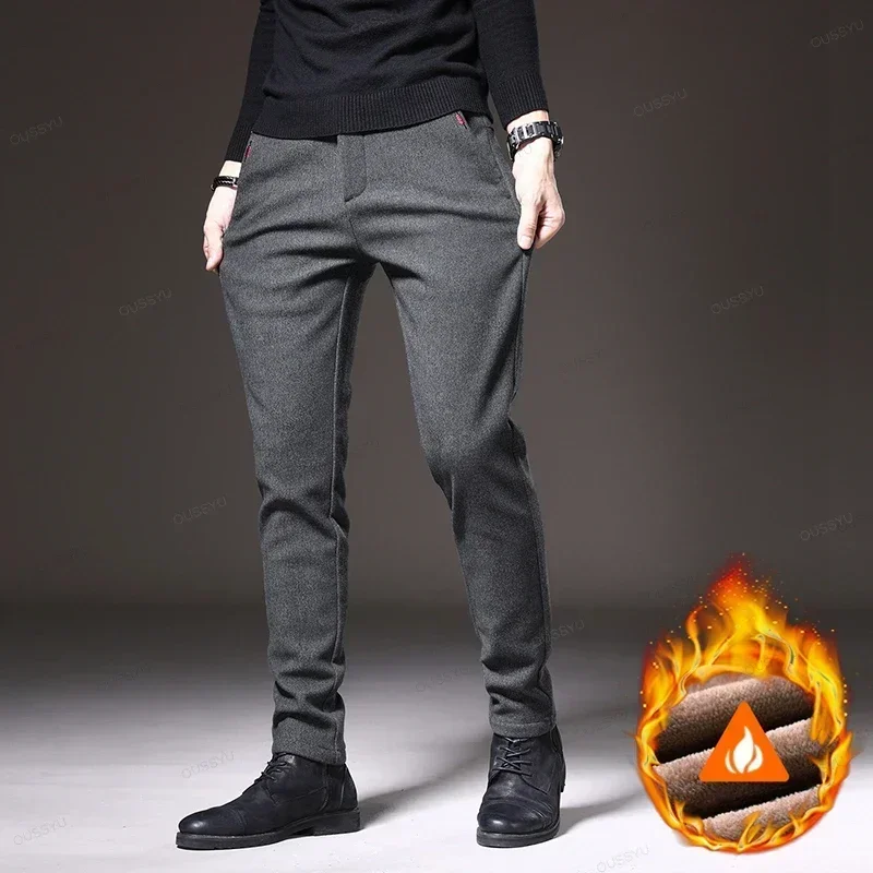 Thick Fleece Lining Pants Men Winter Warm Business Flocking Elastic Waist Work Casual Trouser Male Formal Office Slim Pants
