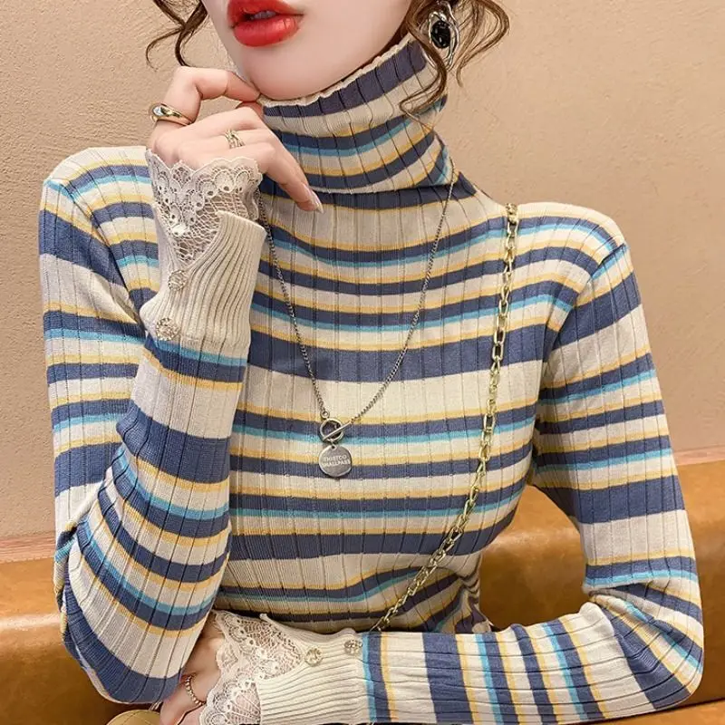 

Fashion Turtleneck Knitted Spliced Lace Striped Sweater Women's Clothing 2022 Autumn New Casual Pullovers Loose All-match Tops