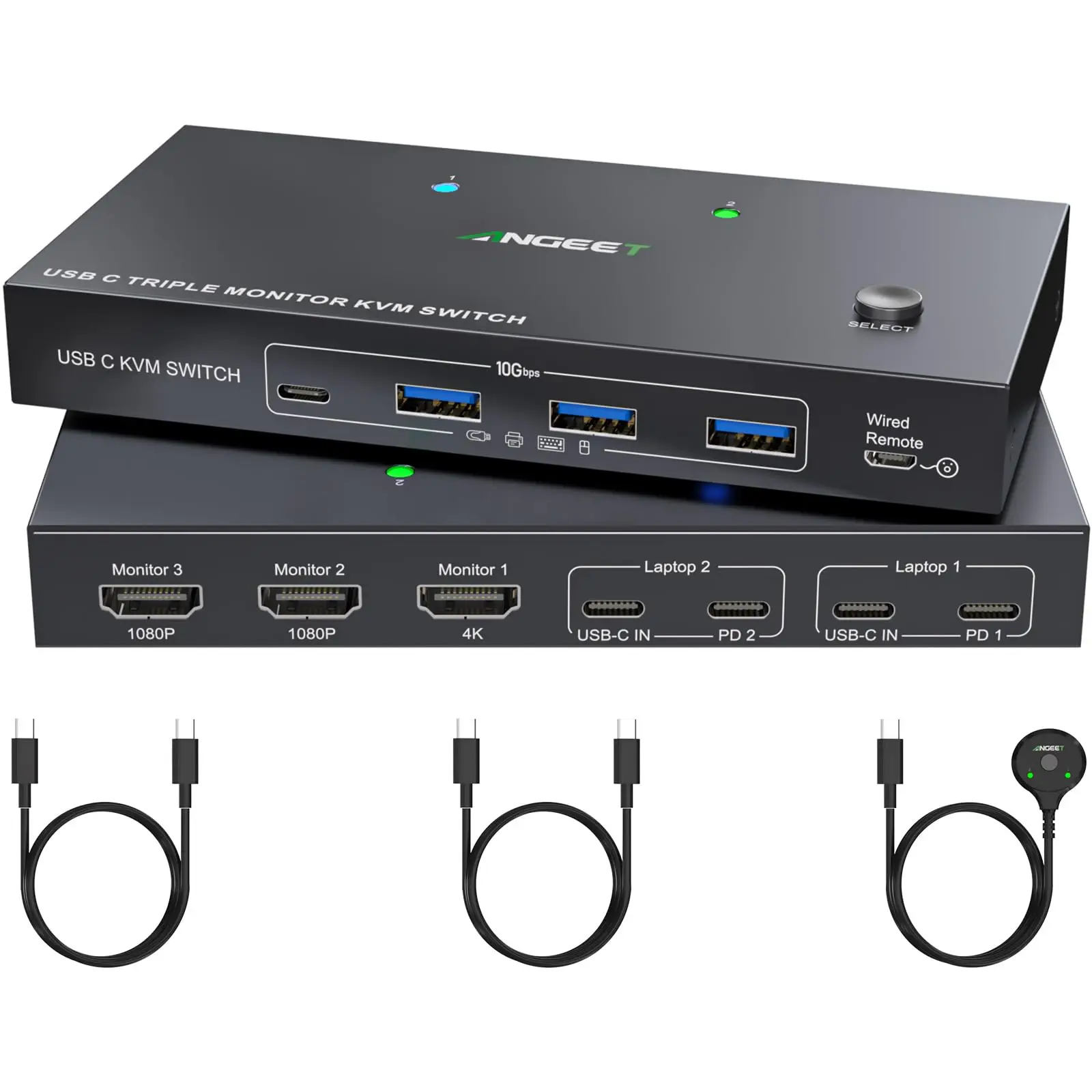 

USB C KVM Switch 3 Monitors 2 Computers 4K/1080P@60Hz,USB-C Triple Monitor KVM Switches with 4 USB3.2 Ports,For Windows/Mac OS